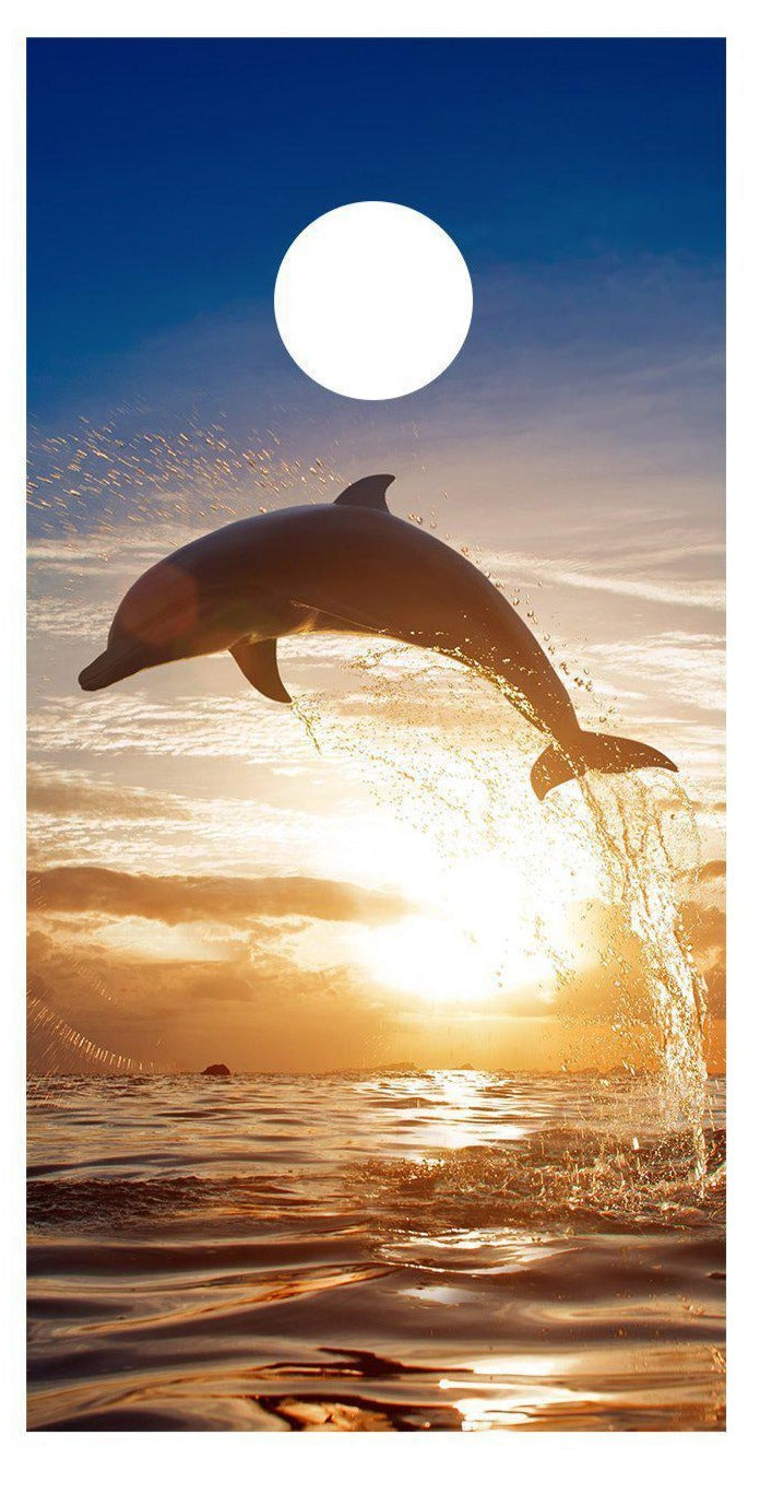 Dolphin Jump Sunset Ocean Corn Hole Board Decal Wrap