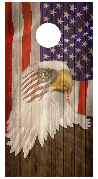 Bald Eagle American Flag Wood Grain Cornhole Decal Wraps
