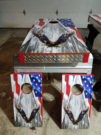 Bald Eagle Flag Corn Hole Board Wraps Wood Grain Cornhole customer image