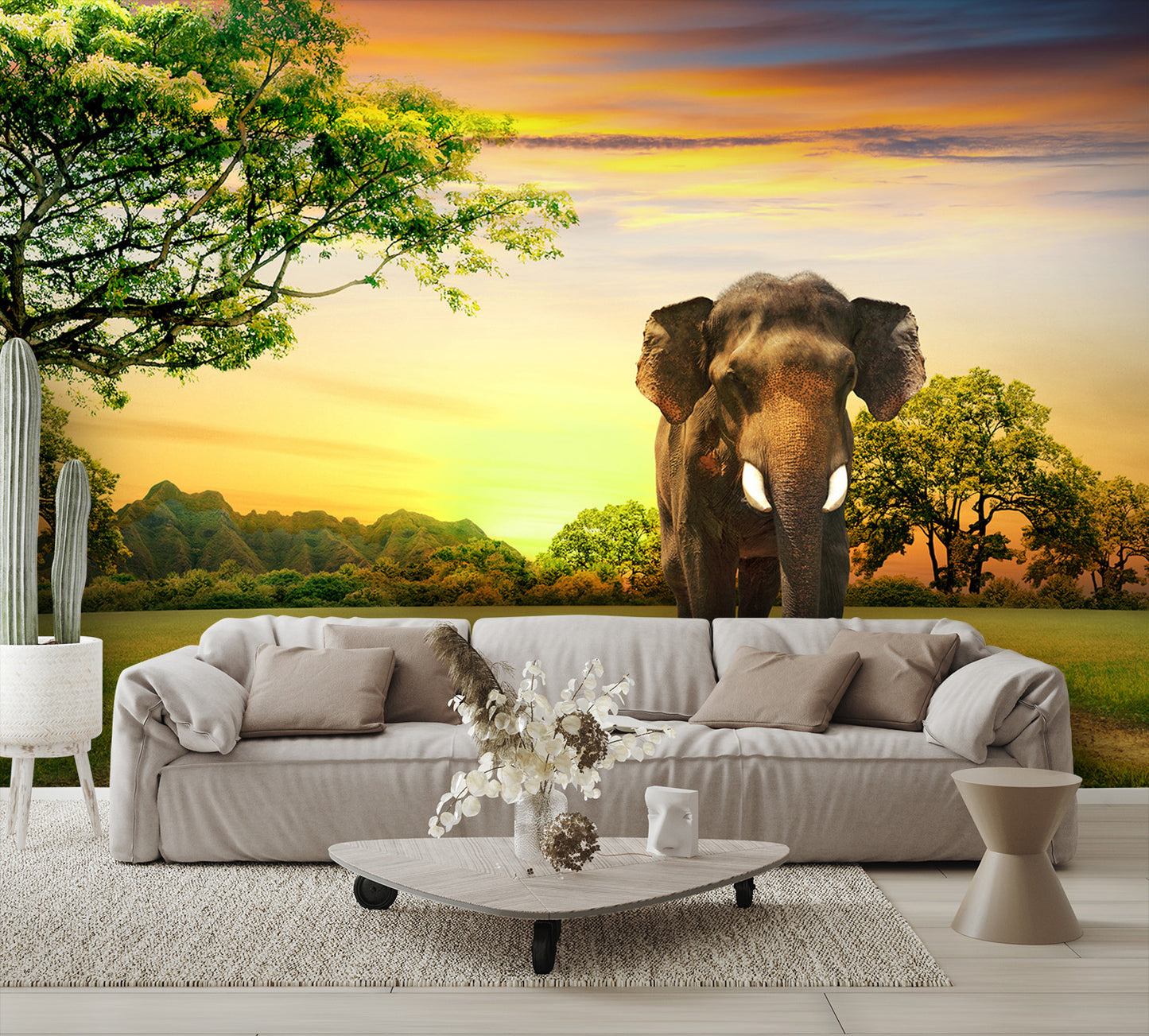 Elephant Walking at Sunset Wall Mural