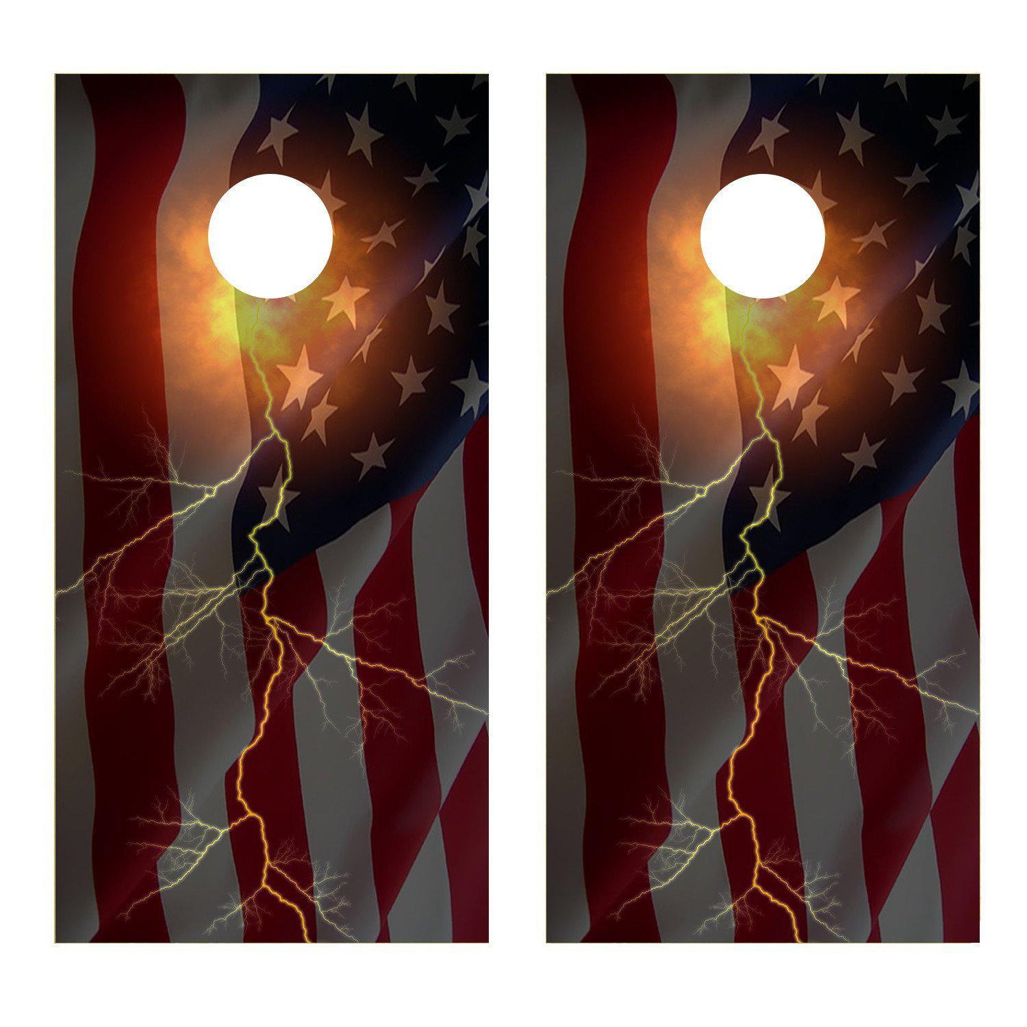Fireball Lightening Faded Flag Cornhole Board Decal Set-2 Decals Bean Bag Toss - Let's Print Big