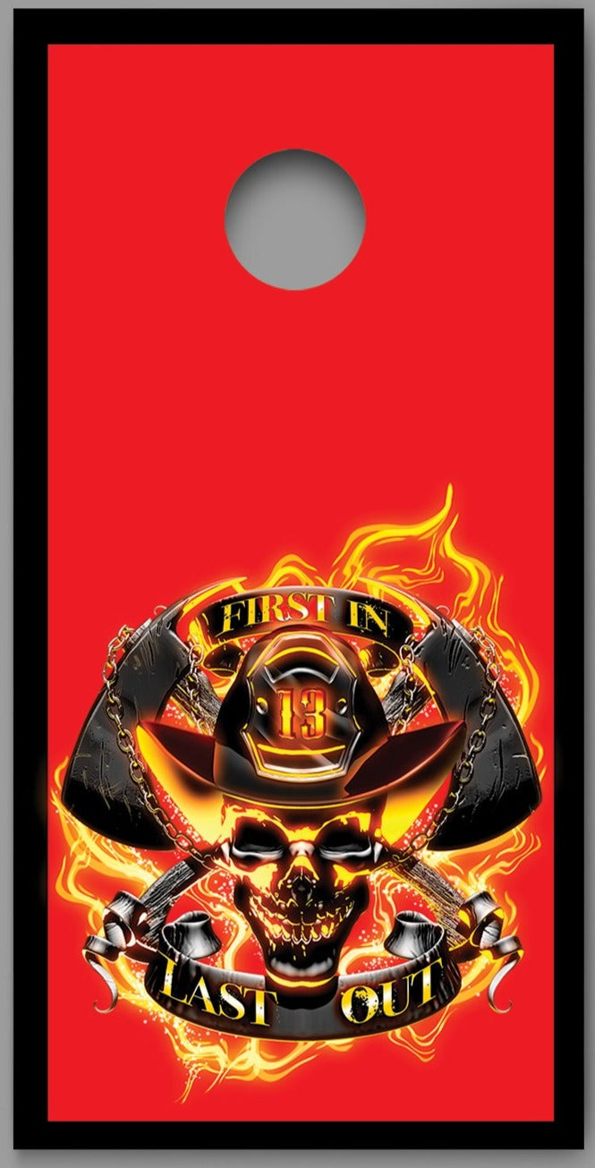 Firefighter First In Last Out Design Cornhole Board Decal Wraps
