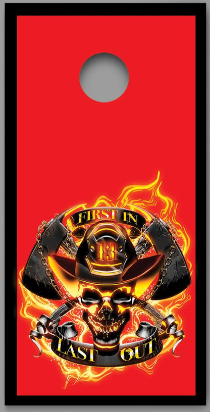 Firefighter First In Last Out Design Cornhole Board Decal Wraps