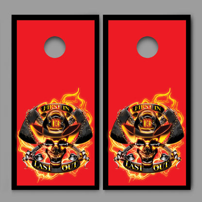 Firefighter First In Last Out Design Cornhole Board Decal Wraps
