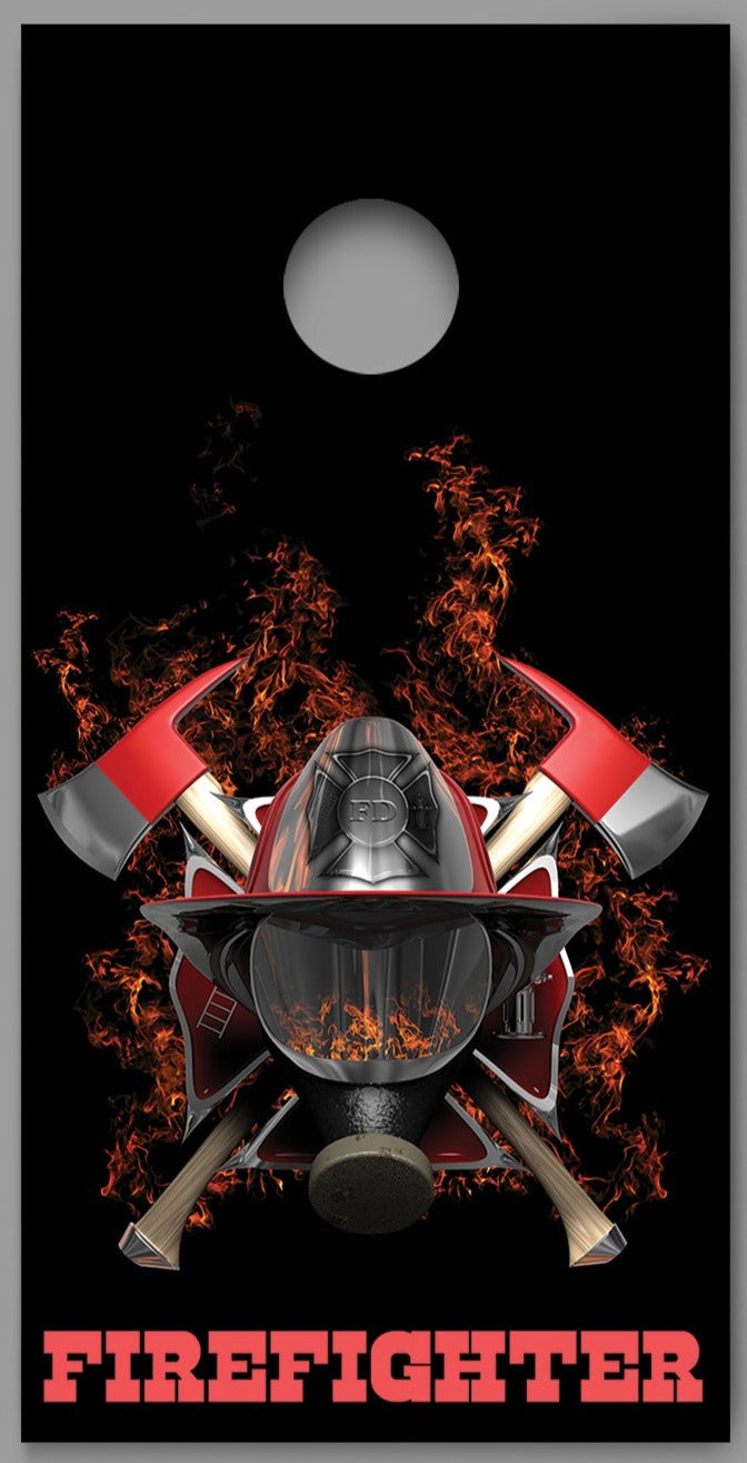 Firefighter Mask Axe Flames Black Design Cornhole Board Decal Wraps