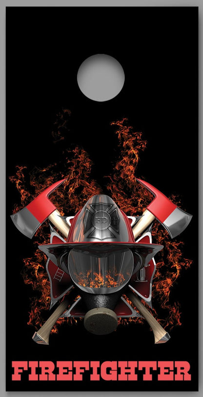 Firefighter Mask Axe Flames Black Design Cornhole Board Decal Wraps