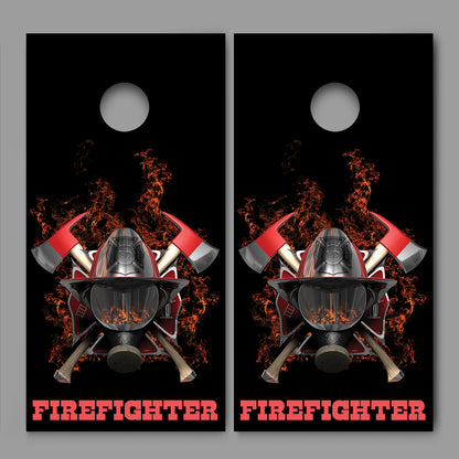 Firefighter Mask Axe Flames Black Design Cornhole Board Decal Wraps