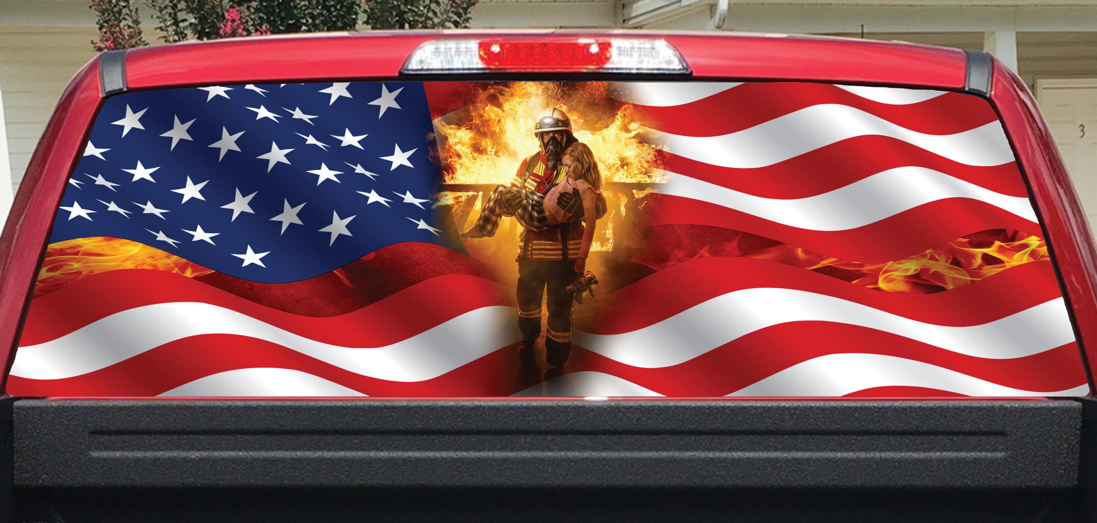 Fireman Decal American Flag Flame Rear Window