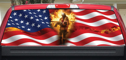 Fireman Decal American Flag Flame Rear Window