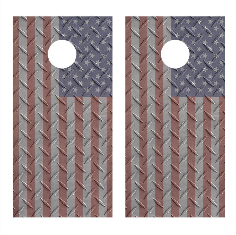 American Flag Metal Diamond Plate Design D Corn Hole Decal Wrap