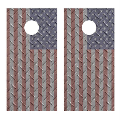 American Flag Metal Diamond Plate Design D Corn Hole Decal Wrap
