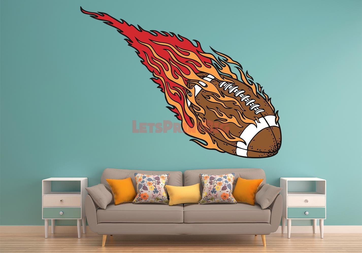 Flaming Football Wall Decal Removable Repositionable Fathead style - Let's Print Big