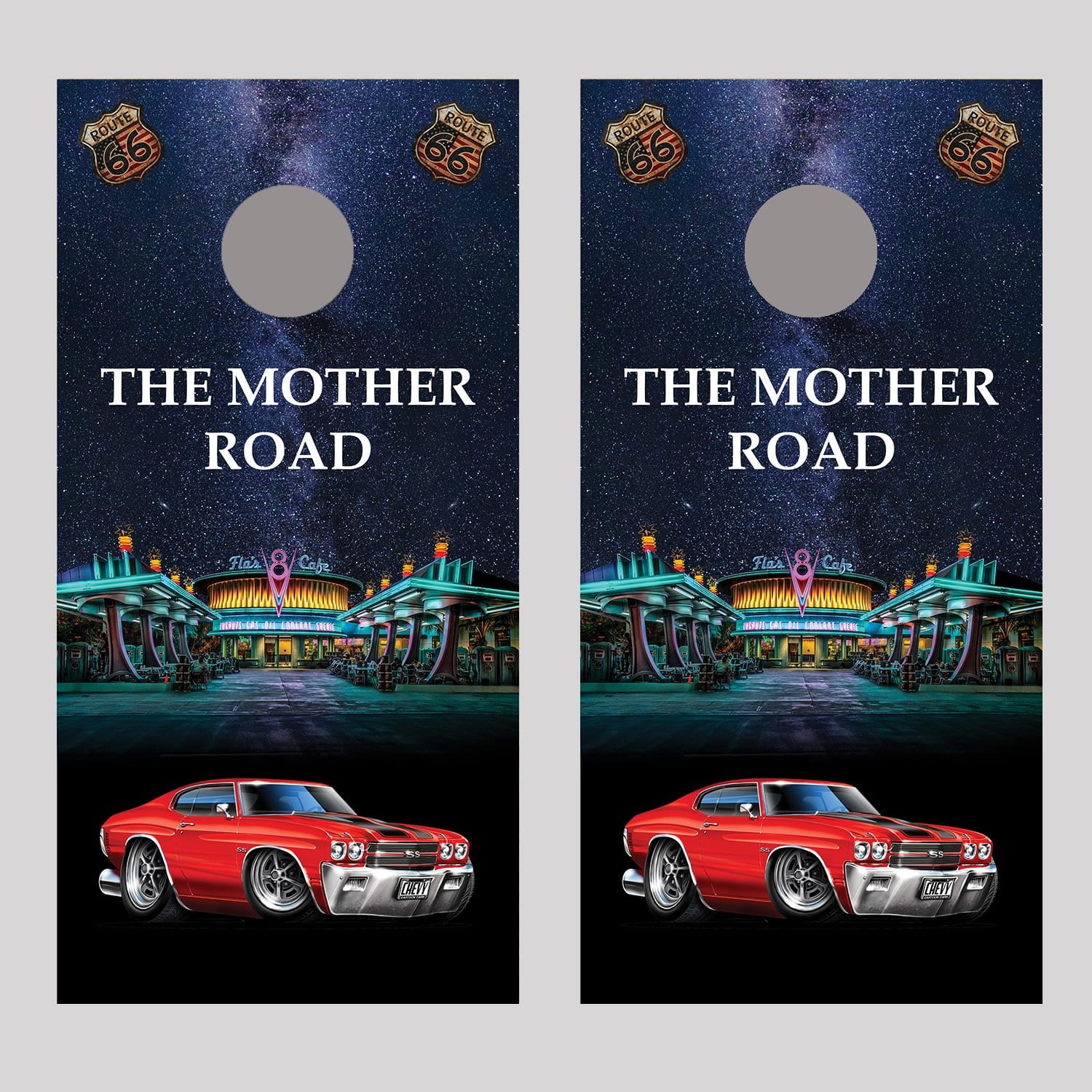 Flo's Cafe 1970 Chevelle Red with Black Stripes Cornhole Board Decal Wraps