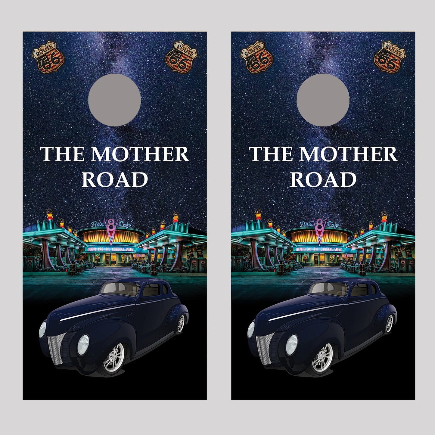 Flo's Cafe Coupe Hot Rod Cornhole Board Decal Wraps