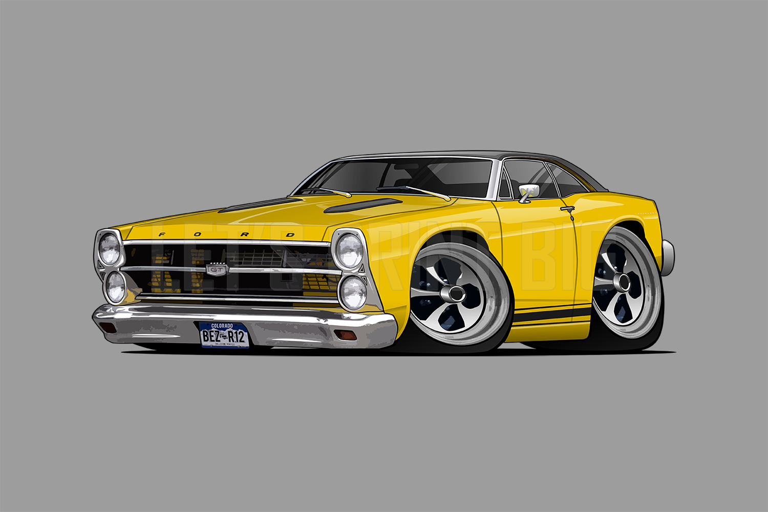 Car Art 1967 Yellow Fairlane Hot Rod Cartoon Wall Decal