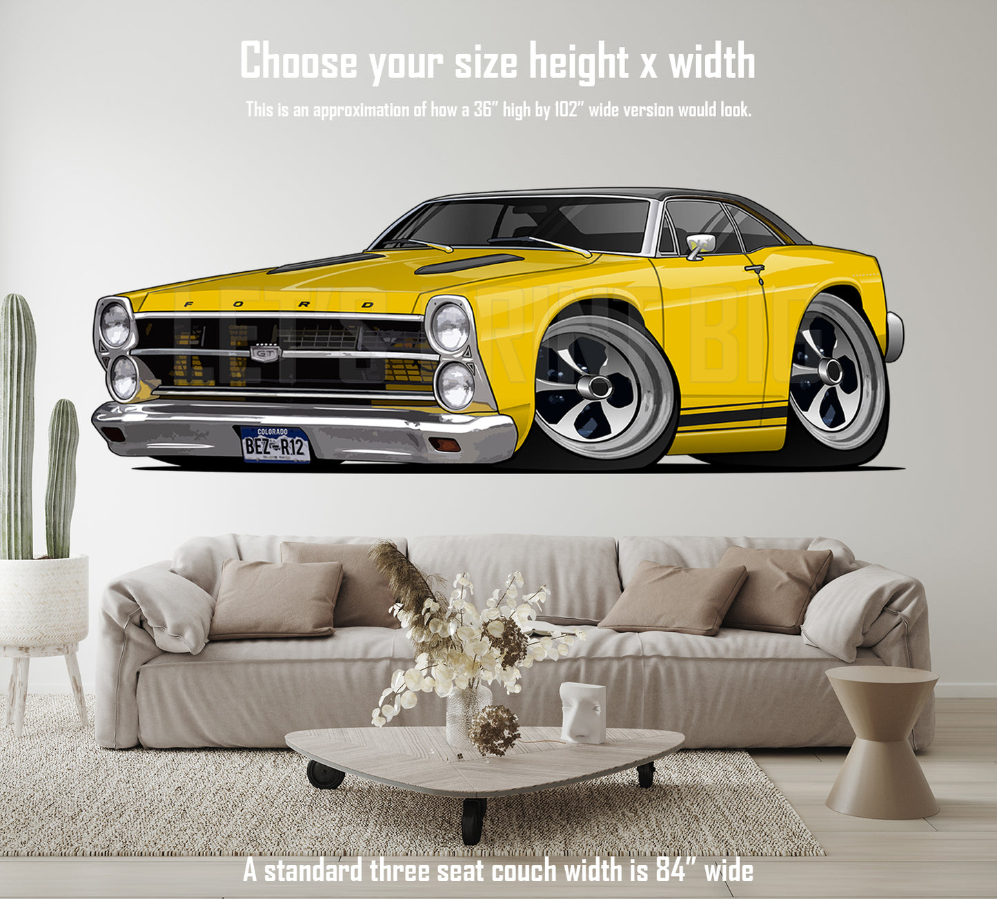Car Art 1967 Yellow Fairlane Hot Rod Cartoon Wall Decal