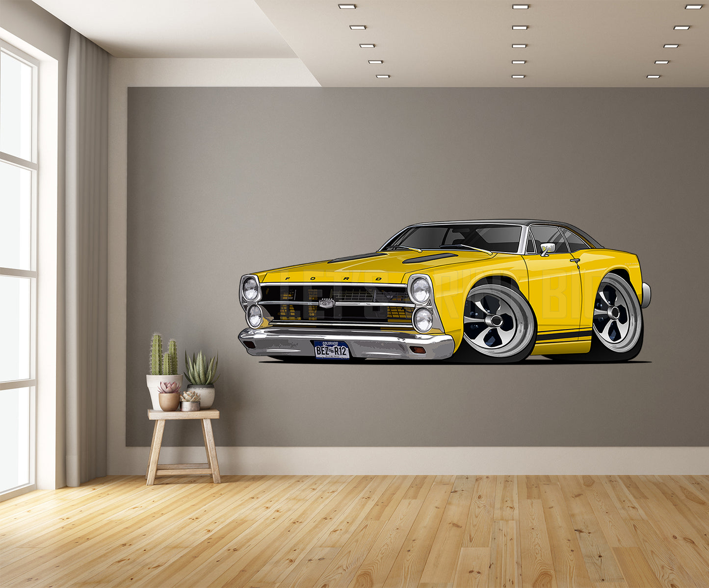 Car Art 1967 Yellow Fairlane Hot Rod Cartoon Wall Decal