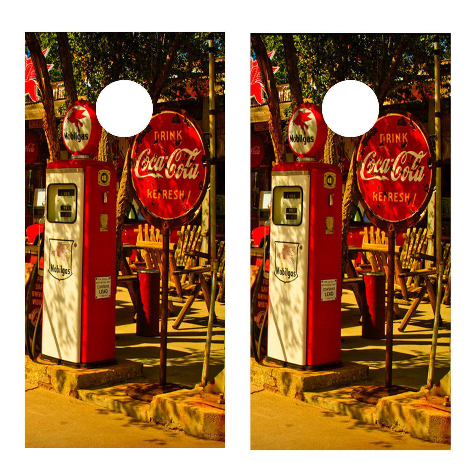 Old Gas Pumps Route 66 Corn Hole Wrap decal