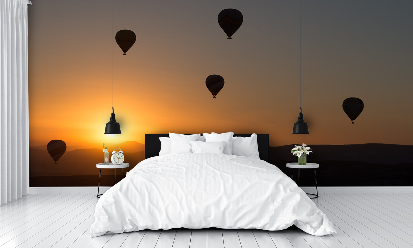 Hot Air Balloons Over Mountain Sunrise Valley Custom Designed Wallpaper