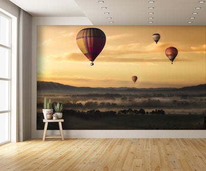 Hot Air Balloons Over Foggy Valley Custom Designed Wallpaper