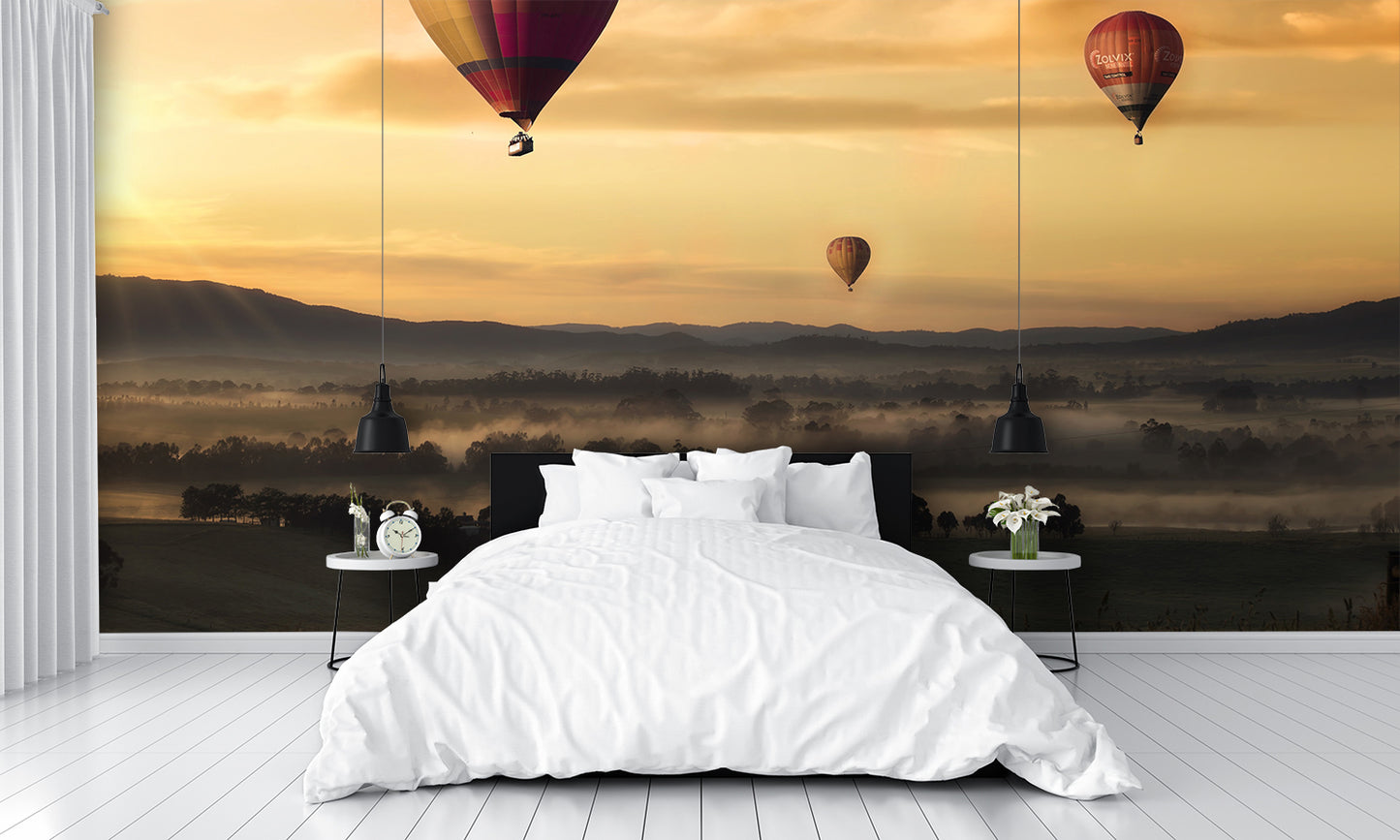 Hot Air Balloons Over Foggy Valley Custom Designed Wallpaper