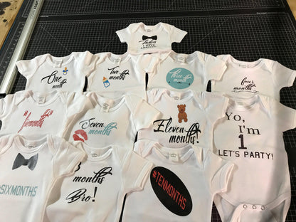BOY Baby Year of Growth Package-12 Onesie Bodysuits-Different logo each month-For Boy - Let's Print Big