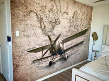 Sepia Vintage Airplane and World Map Custom Designed Wallpaper
