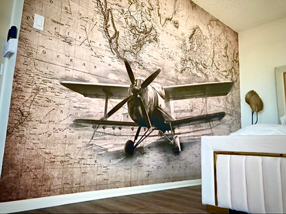 Sepia Vintage Airplane and World Map Custom Designed Wallpaper