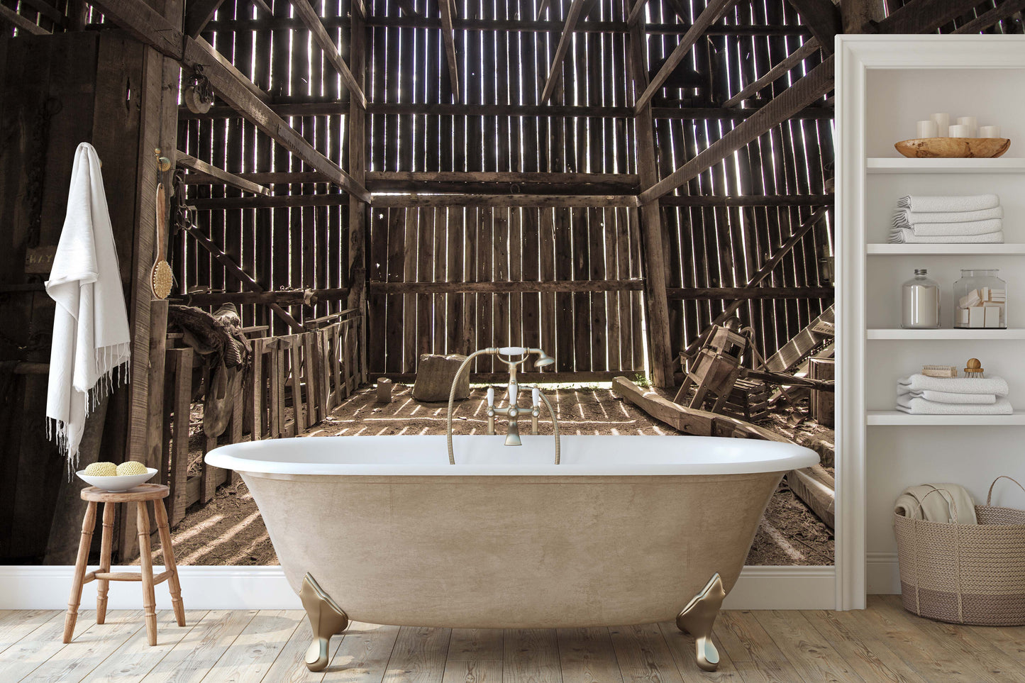 Old Barn Inside Sunlight Shining Wallpaper Mural