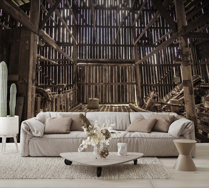 Old Barn Inside Sunlight Shining Wallpaper Mural