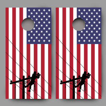 Lineman American Flag CornHole Board Decal Wrap skins set