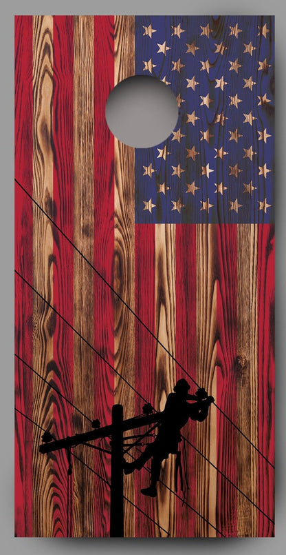 Lineman on American Flag Burnt Wood Texture Corn Hole Board Decal Wrap