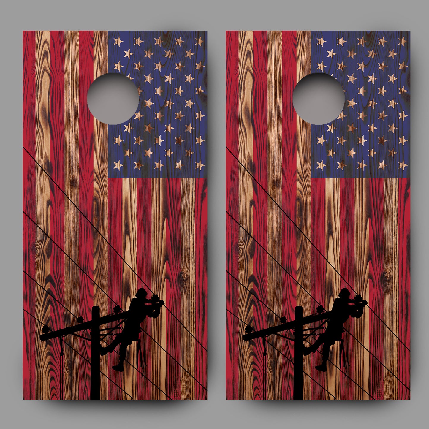 Lineman on American Flag Burnt Wood Texture Corn Hole Board Decal Wrap