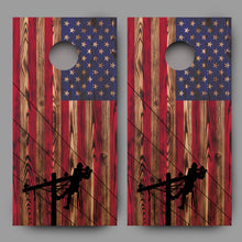 Lineman on American Flag Burnt Wood Texture Corn Hole Board Decal Wrap