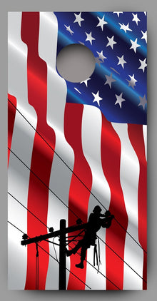 Lineman on Waving American Flag Corn Hole Board Decal Wrap