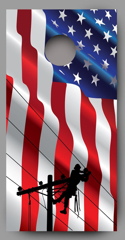 Lineman on Waving American Flag Corn Hole Board Decal Wrap