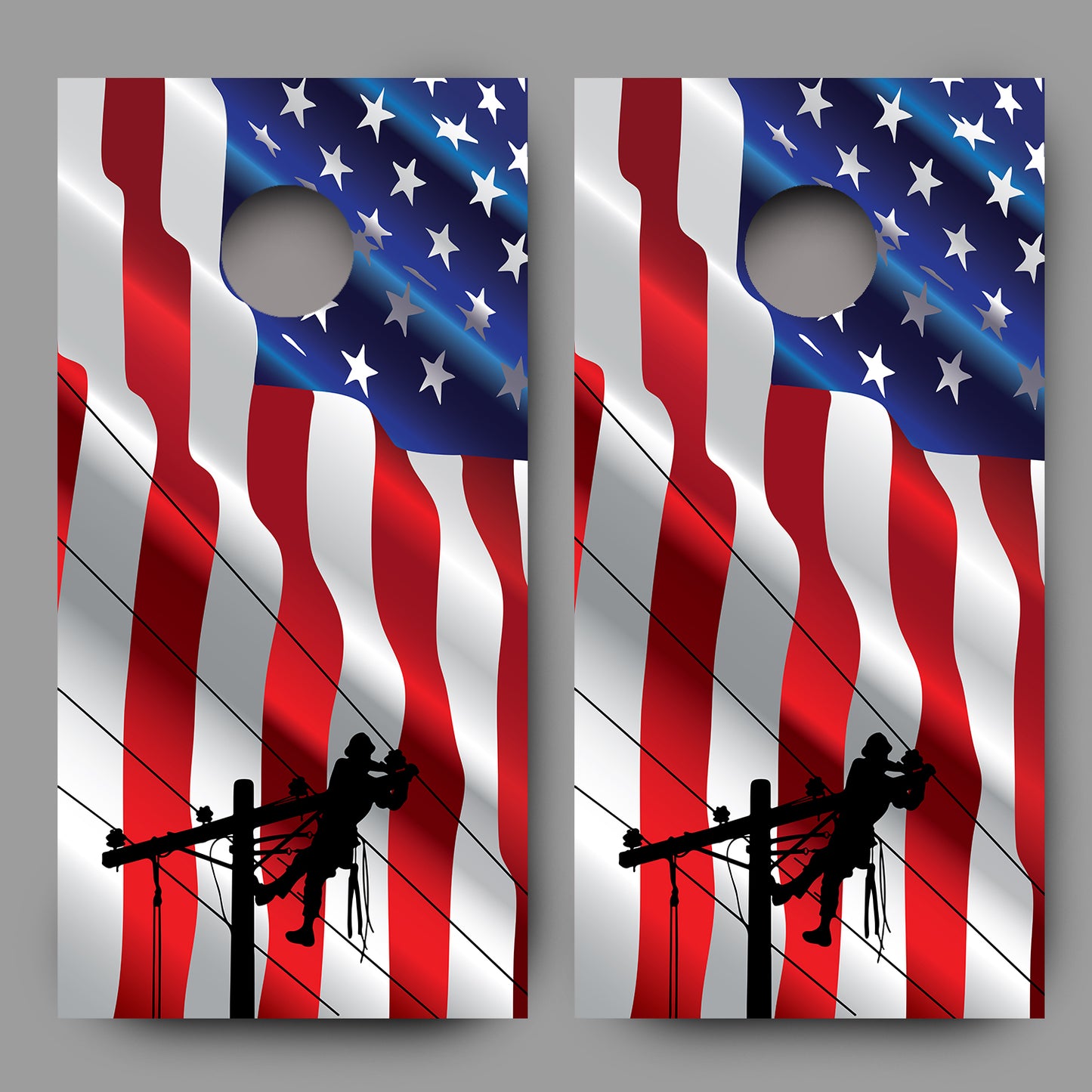 Lineman on Waving American Flag Corn Hole Board Decal Wrap