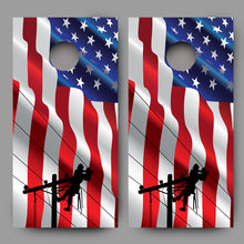Lineman on Waving American Flag Corn Hole Board Decal Wrap