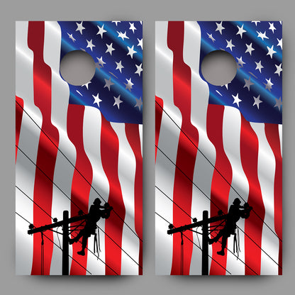 Lineman on Waving American Flag Corn Hole Board Decal Wrap