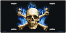 Blue Flame Skull Crossbones License Plate Car Tag