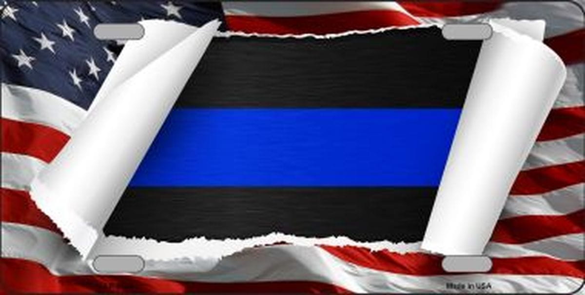 Thin Blue Line Scroll American Flag License Plate Car Tag