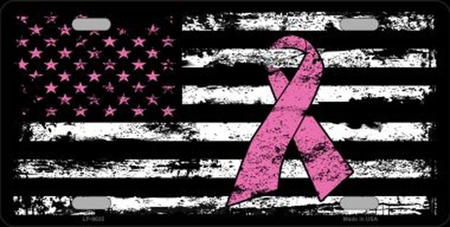 Vintage American Flag Pink Ribbon Breast Cancer License Plate Car Tag
