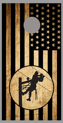 Lineman American Flag Cornhole Black Wood Board Decal Wrap single