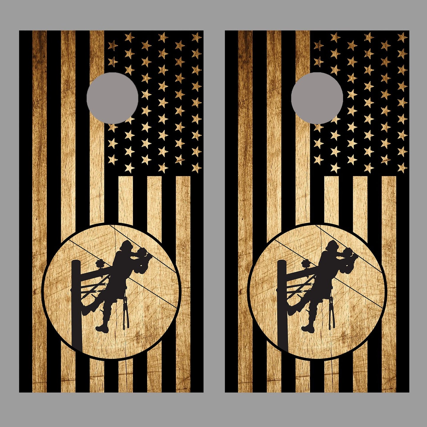 Lineman American Flag Cornhole Black Wood Board Decal Wrap set