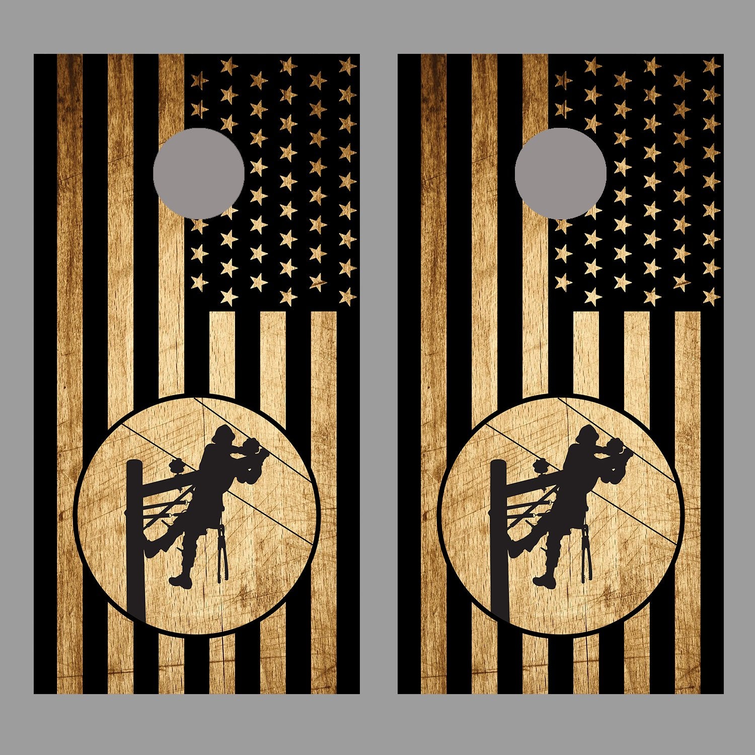 Lineman American Flag Cornhole Black Wood Board Decal Wrap set
