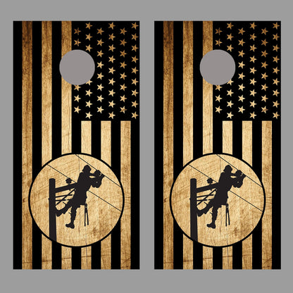 Lineman American Flag Cornhole Black Wood Board Decal Wrap set