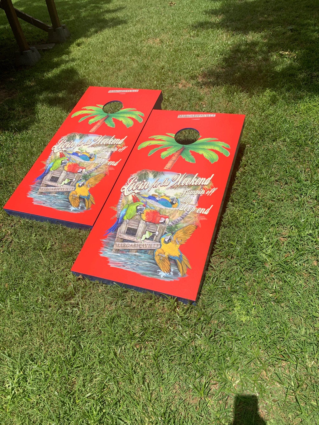 Livin for the Weekend Red Cornhole Board Decal Wrap