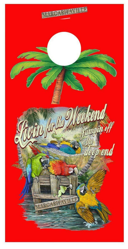 Livin for the Weekend Red Cornhole Board Decal Wrap