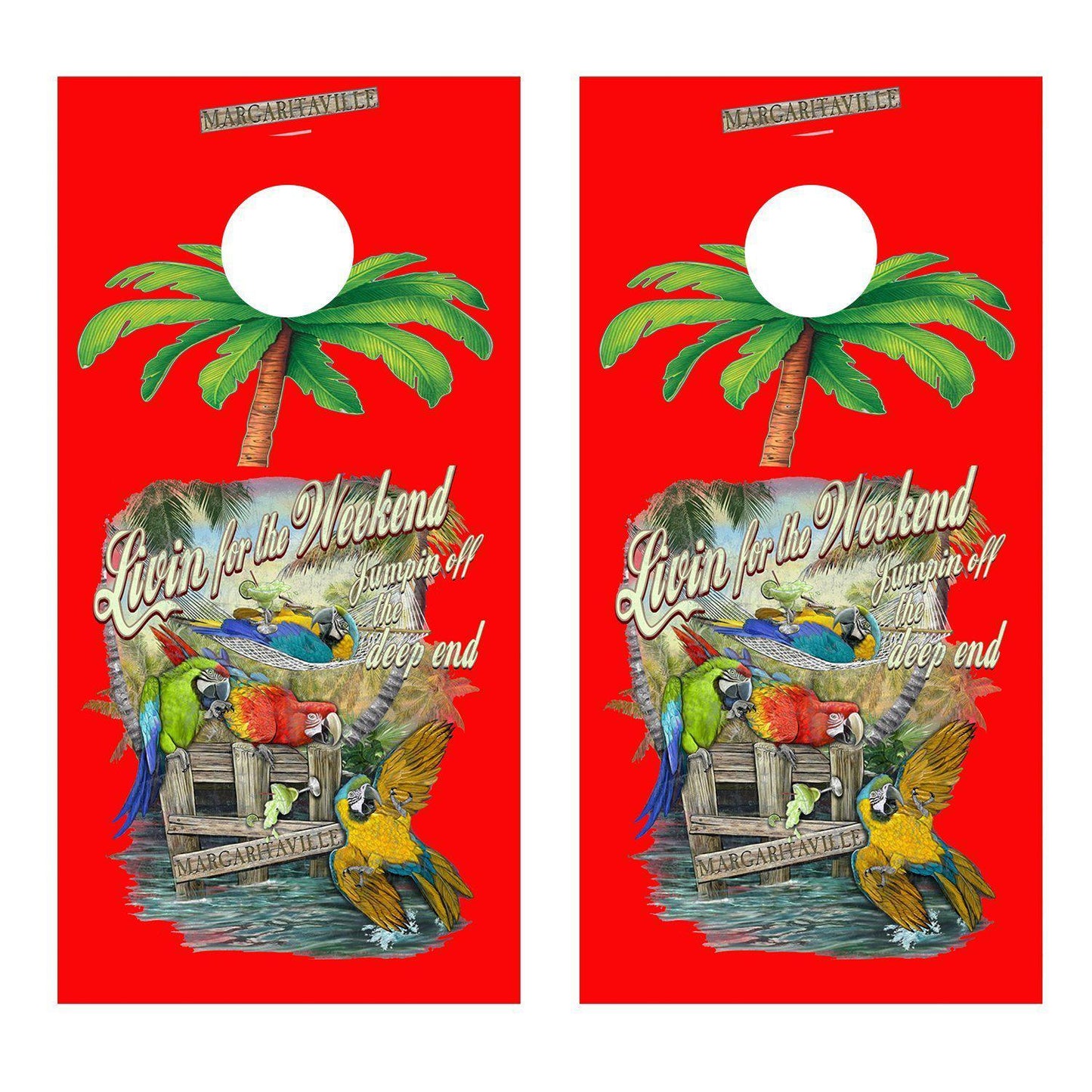 Livin for the Weekend Red Cornhole Board Decal Wrap