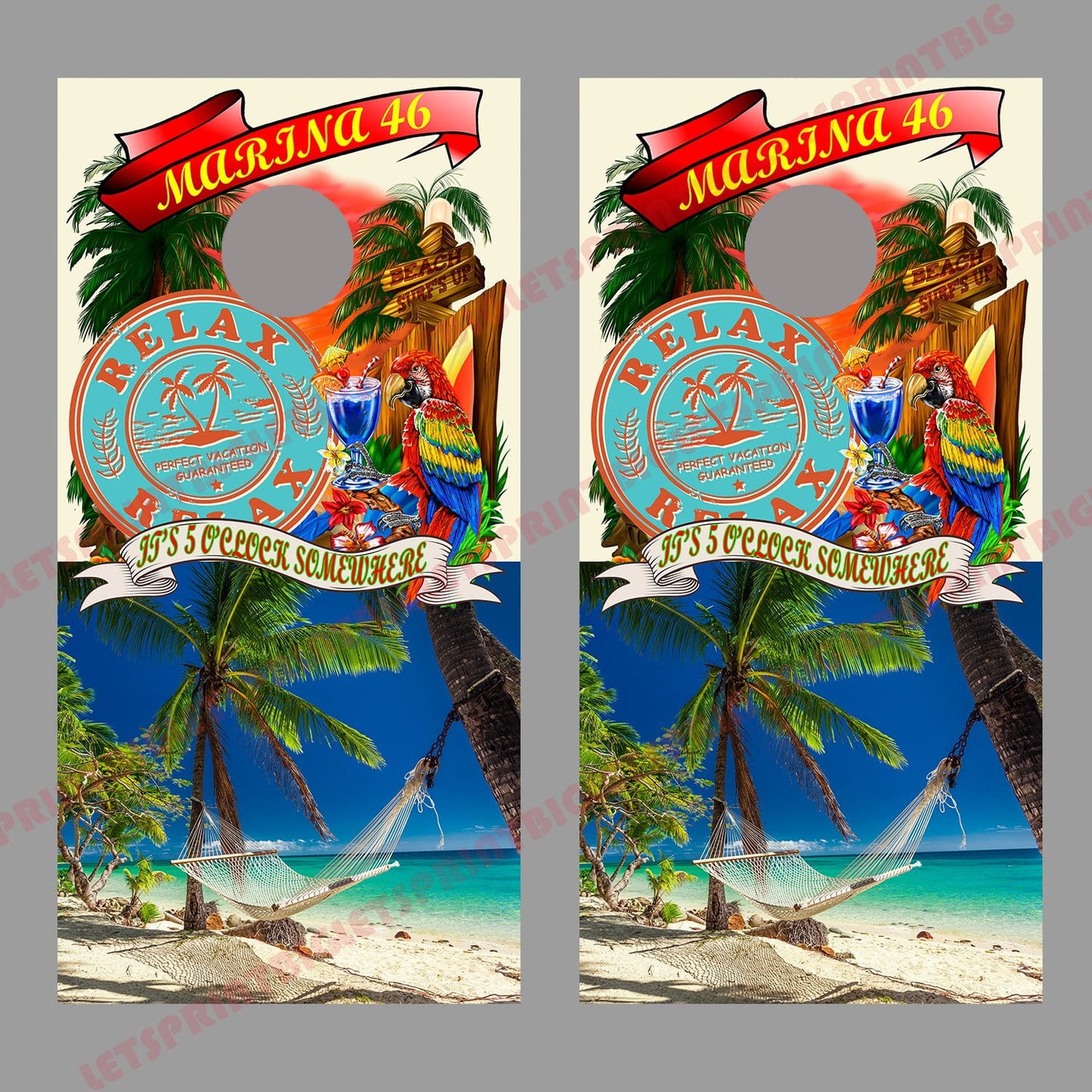 Beachy design with your choice of upper banner saying Cornhole Decal Wraps